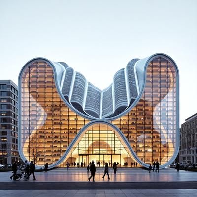 The primary subject of the image is a large, modern building with a unique design. The building features a large, curved structure that resembles a giant bowl or a giant pair of scissors. The setting is a city street, with the building standing tall in the background. The visual style of the image is a photo, capturing the details and textures of the building. The colors and mood of the image are predominantly neutral, with the building's design and the city street creating a sense of modernity